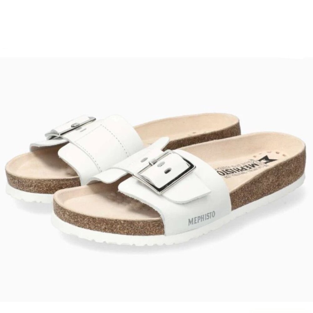 Mephisto White Leather Cork Footbed Slide Sandals